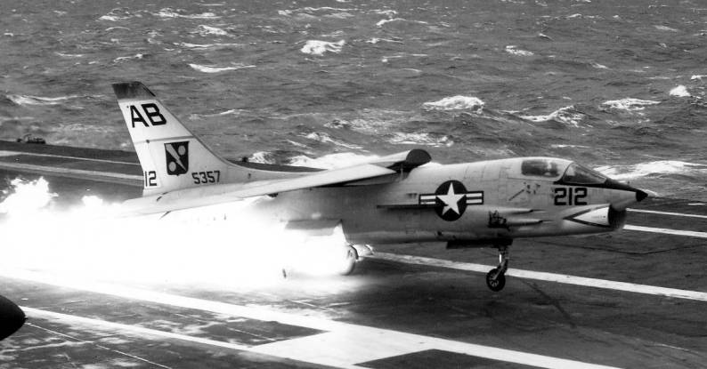 The story of the angled flight deck and the photos of this famous F-8 crash landing on USS Franklin D. Roosevelt