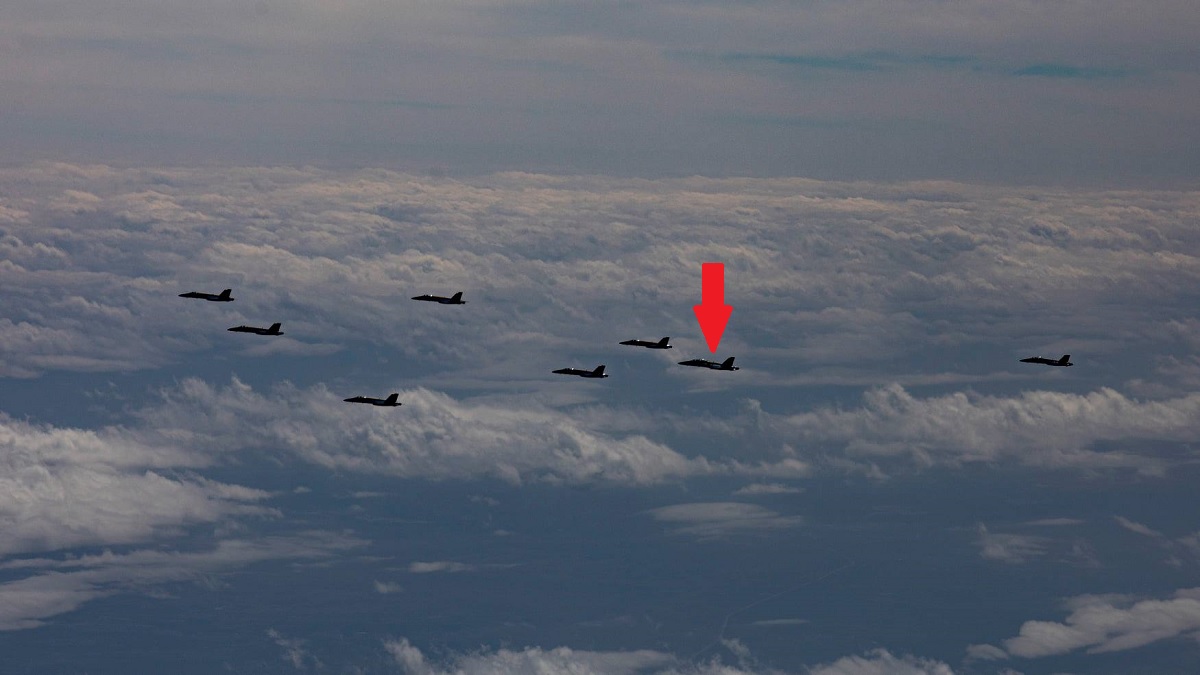 Photos of Blue Angels getting fuel on their way home to NAS Pensacola show that the team is still flying one F/A-18 tandem seat Legacy Hornet