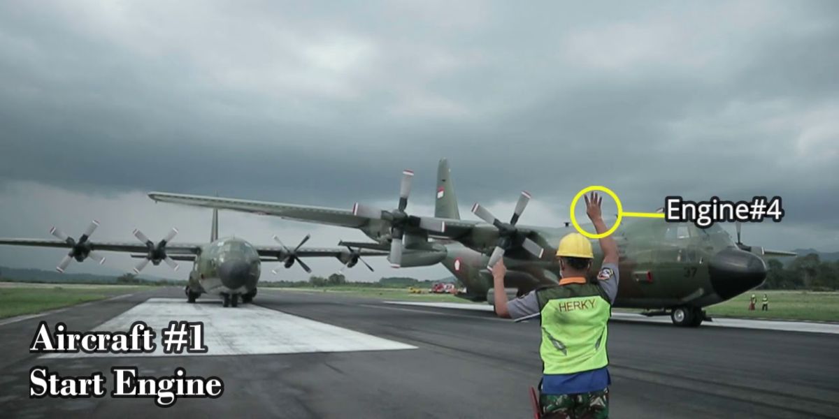 Video shows C-130 Hercules “Buddy Start” (engine start utilising the propeller blast of another aircraft to effect engine starting)