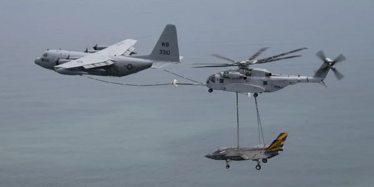 USMC CH-53K refuels from KC-130 while transporting F-35 between test sites