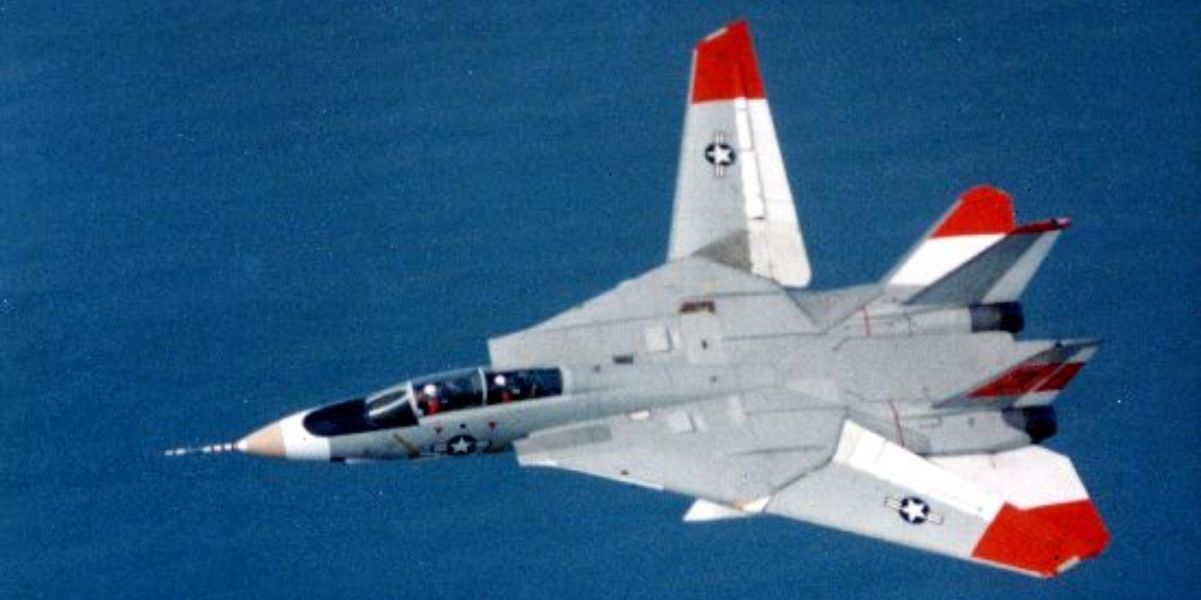 When Grumman flew F-14A No. 3 with the starboard wing locked fully forward and the port wing swept fully aft (Today this Tomcat is on display at the Cradle of Aviation Museum)